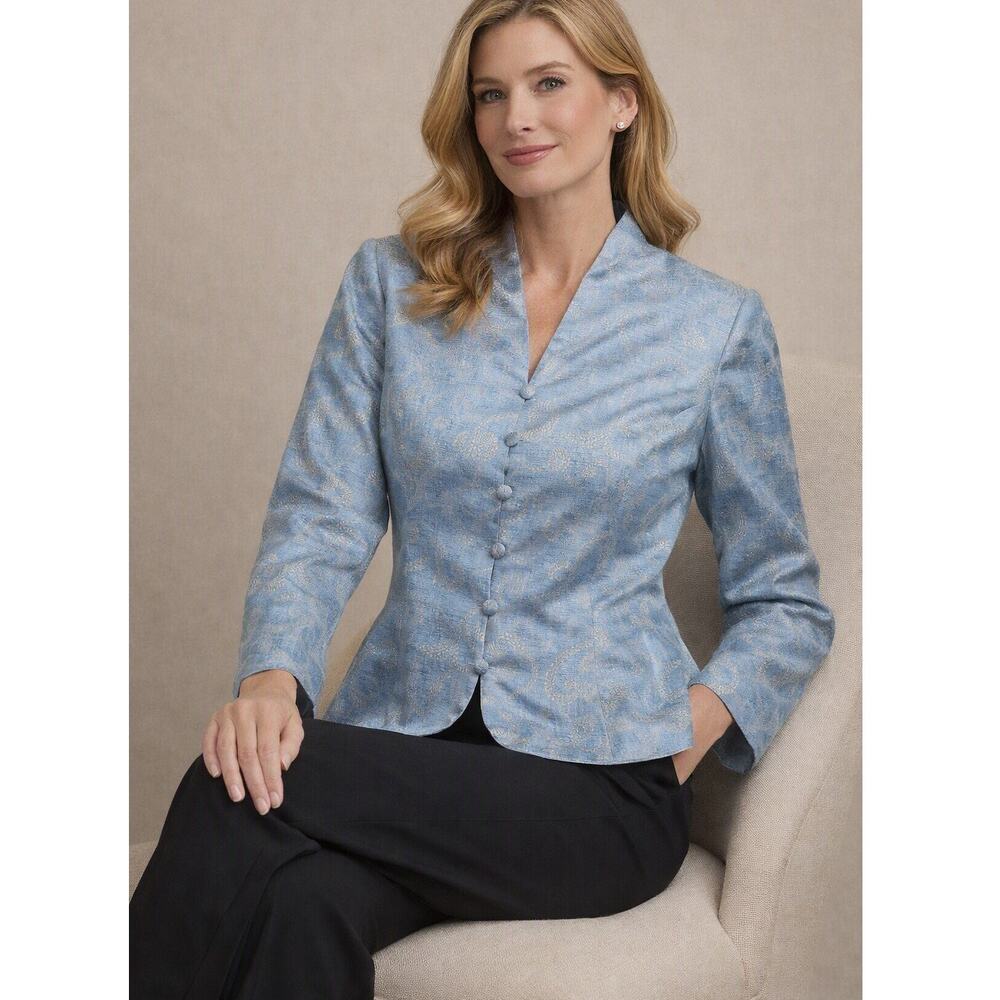 Adrianna Papell Silk Blazer Jacket Light Blue Swirl Loop Button Lined Sz 14